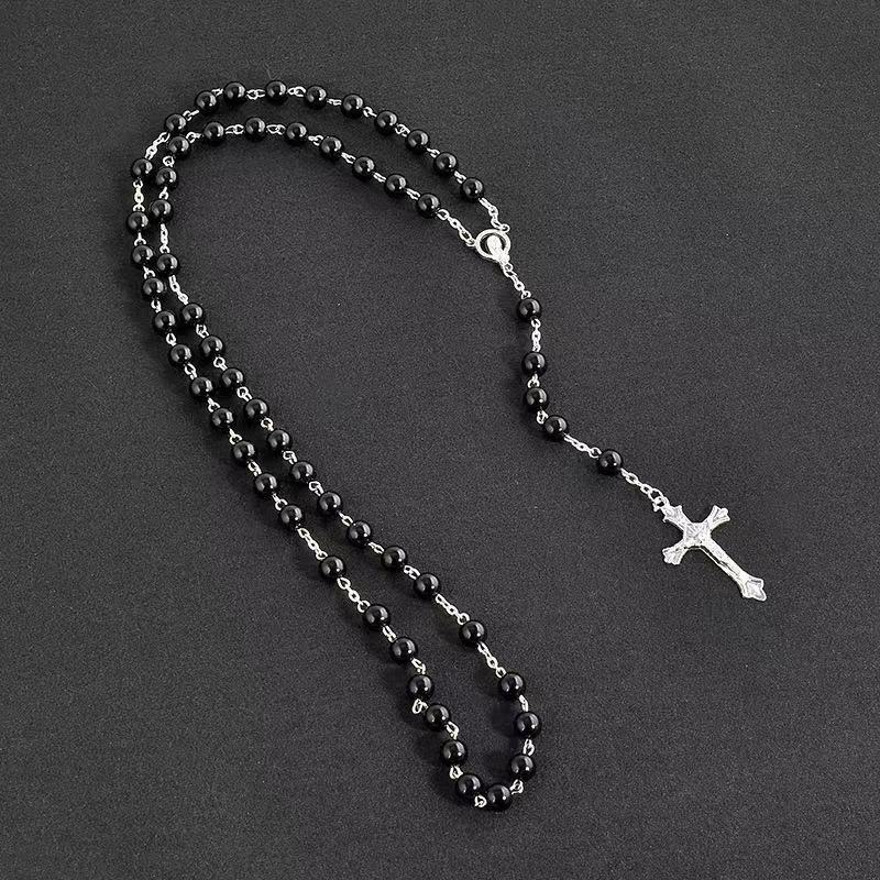 Imitation Pearl Cross Rosary Long Christian Necklace Unisex Sweater Chain