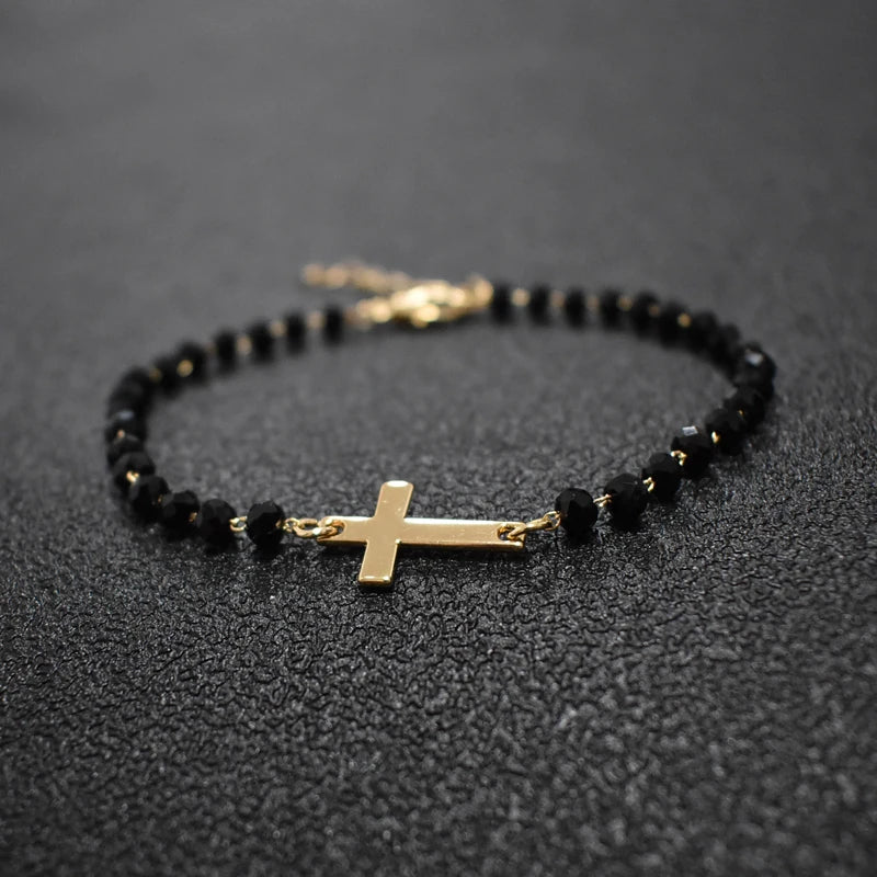 Gold Rosary Sideways Cross Bracelet with Black Beads