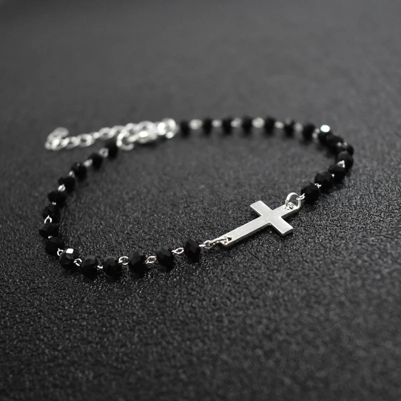 Gold Rosary Sideways Cross Bracelet with Black Beads