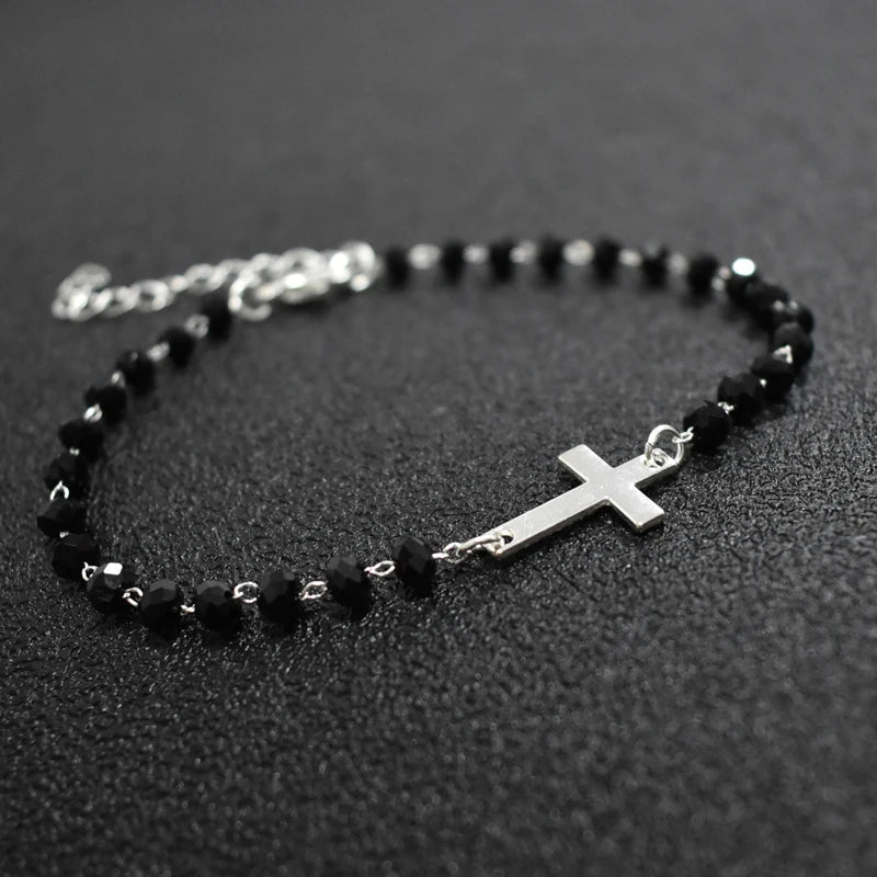 Gold Rosary Sideways Cross Bracelet with Black Beads