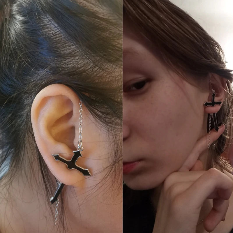 Unisex Vintage Black Cross Chain Earrings