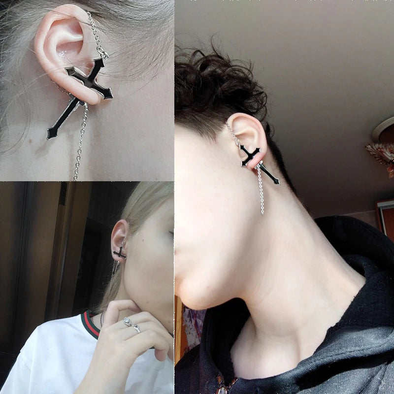 Unisex Vintage Black Cross Chain Earrings