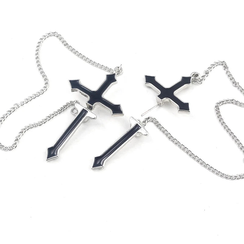 Unisex Vintage Black Cross Chain Earrings