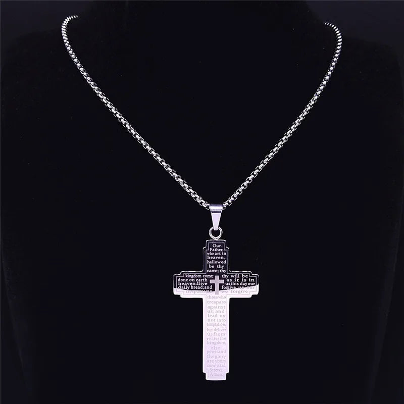 Stainless Steel Big Pendant Christian Bible Cross Necklace