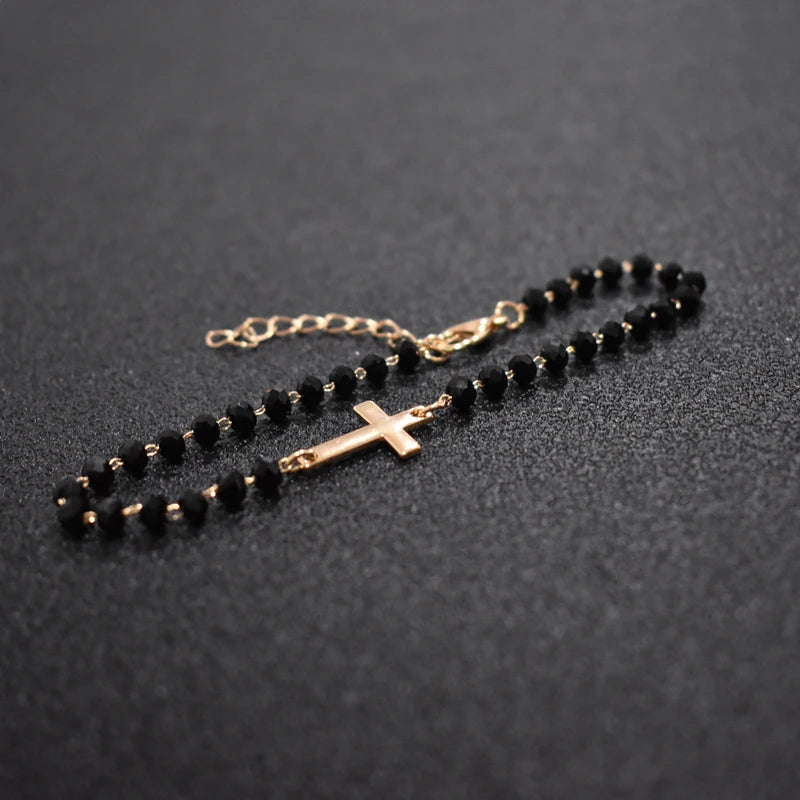 Gold Rosary Sideways Cross Bracelet with Black Beads