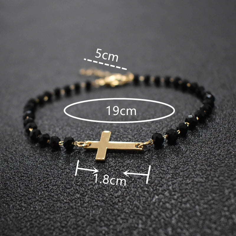 Gold Rosary Sideways Cross Bracelet with Black Beads
