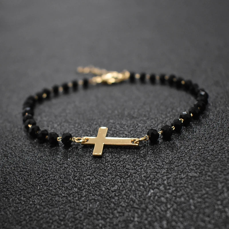 Gold Rosary Sideways Cross Bracelet with Black Beads