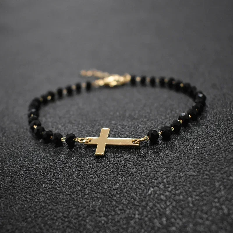 Gold Rosary Sideways Cross Bracelet with Black Beads