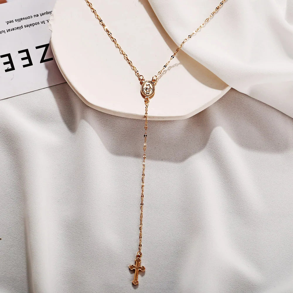 Boho Religious Vintage Christian Cross Rosary Necklace
