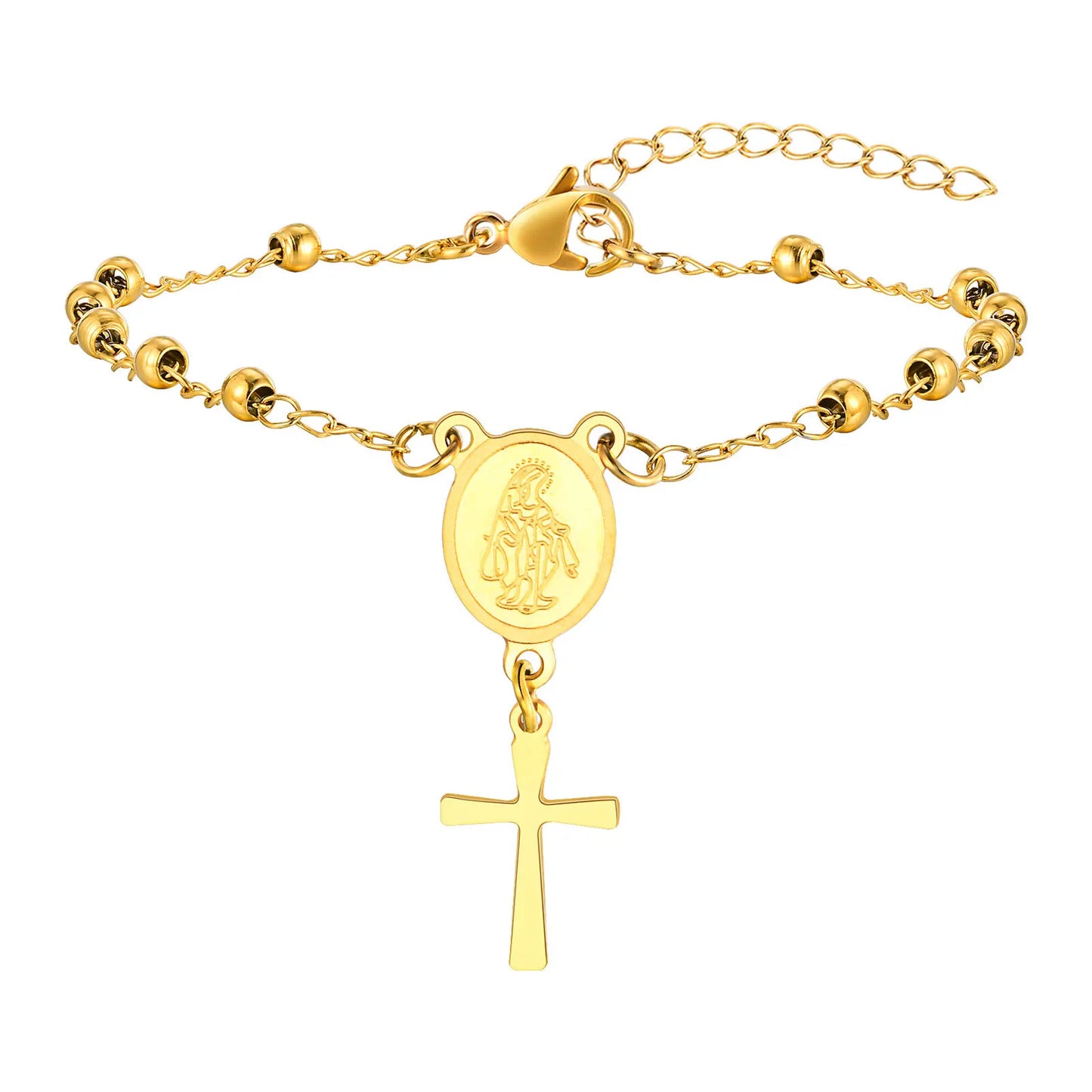 Cross & Virgin Mary Gold Rosary Bracelet