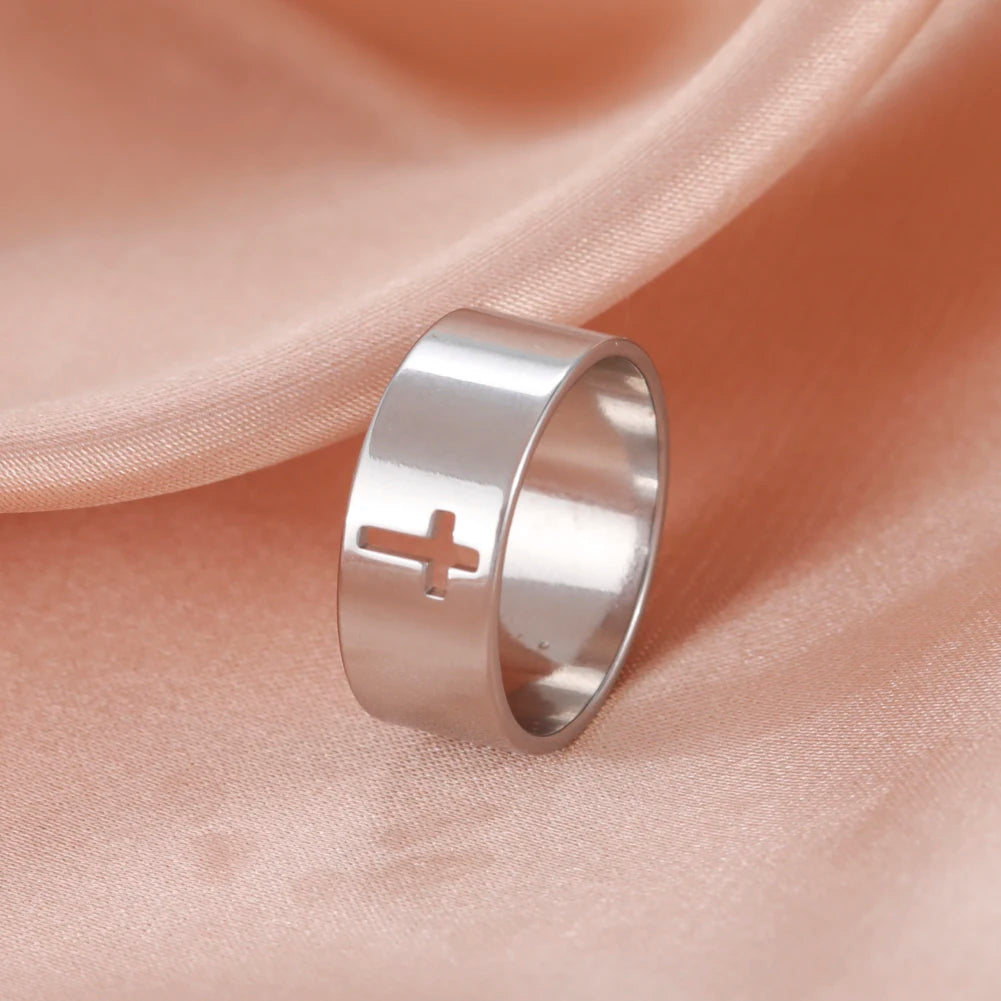 Stainless Steel Unisex Bible Verse Hollow Cross Ring