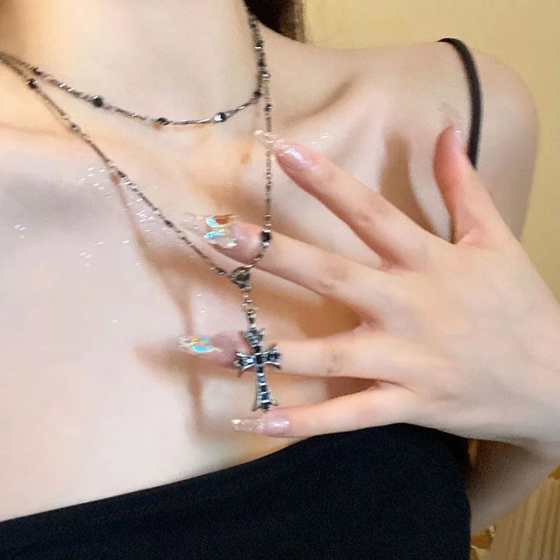 Double Layer Punk Black Rhinestone Cross Choker