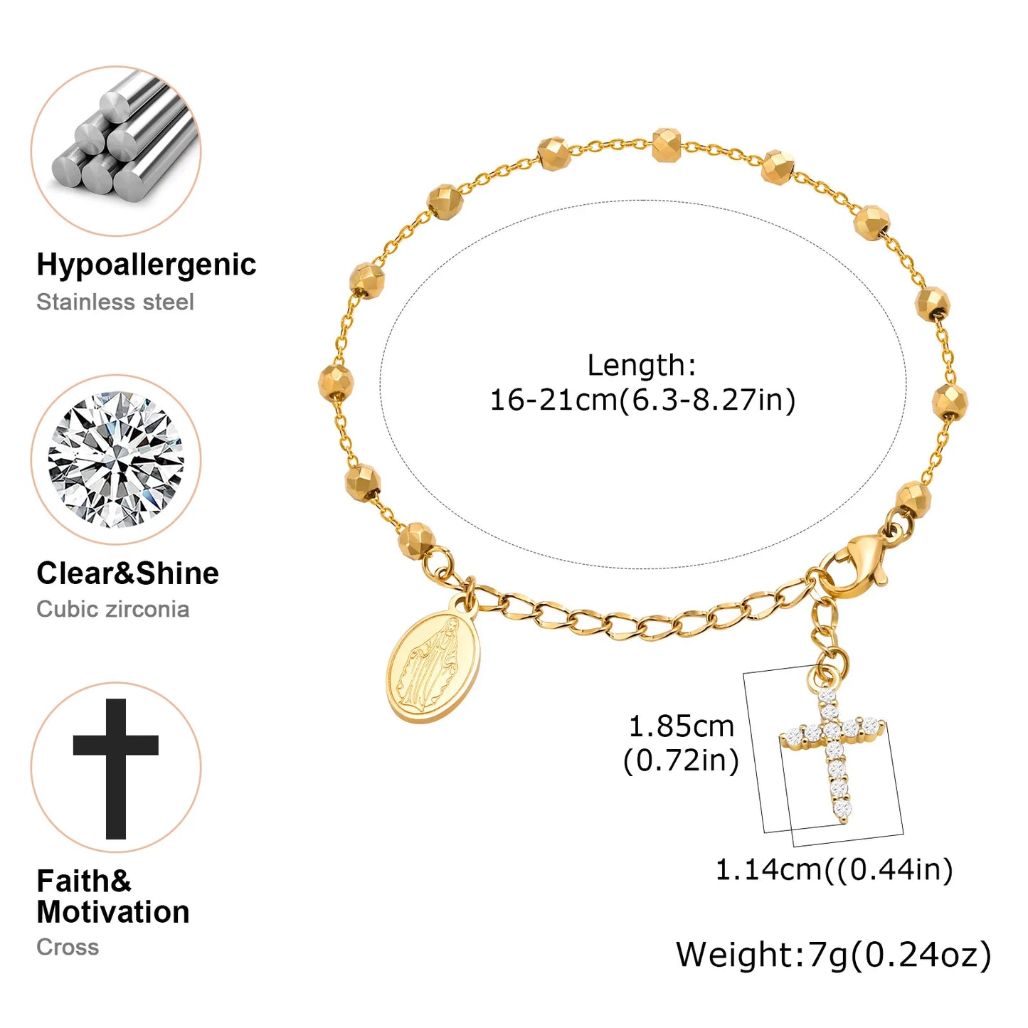Stainless Steel Cubic Zirconia Cross Rosary Bracelet
