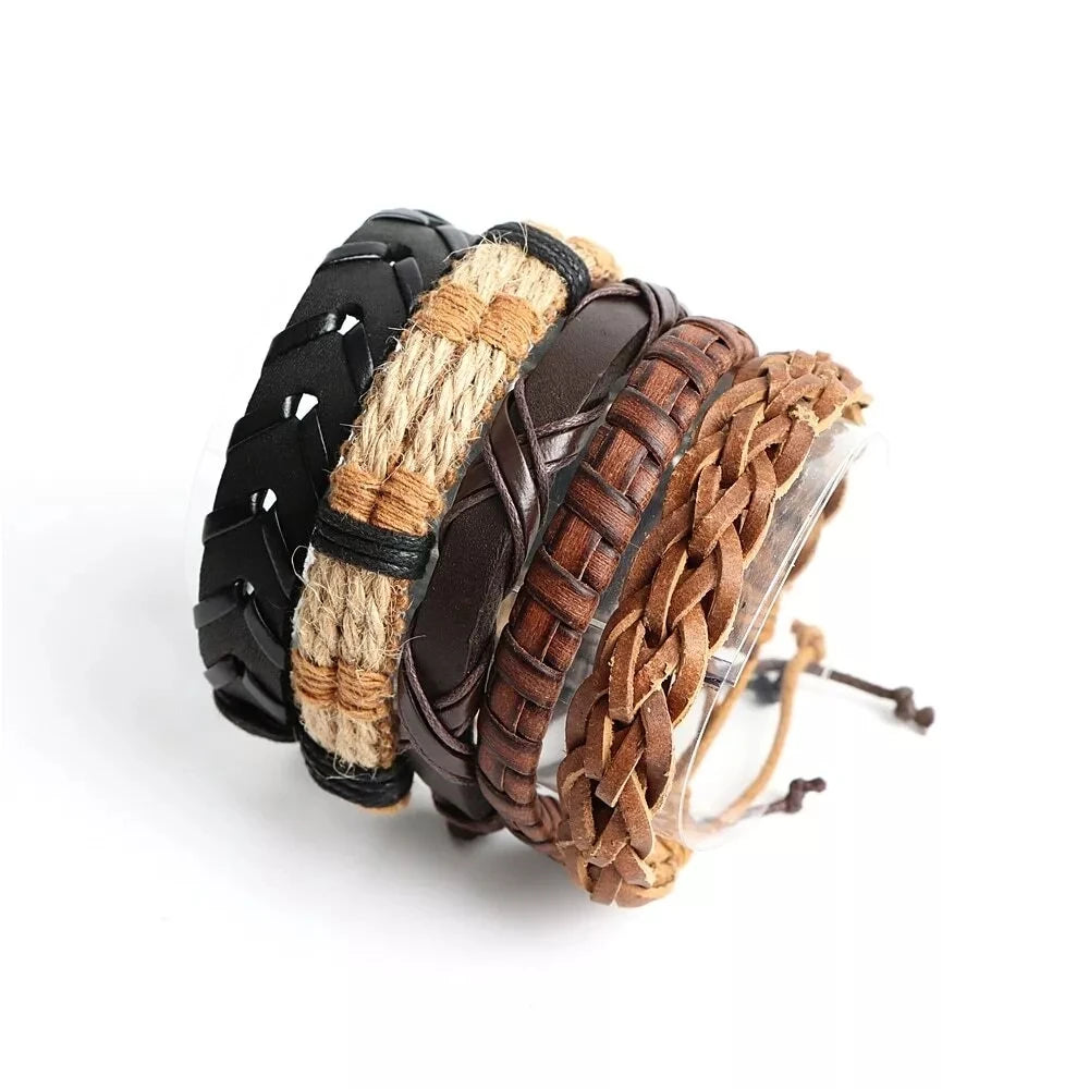 Braided Leather & Bead Bracelet Set