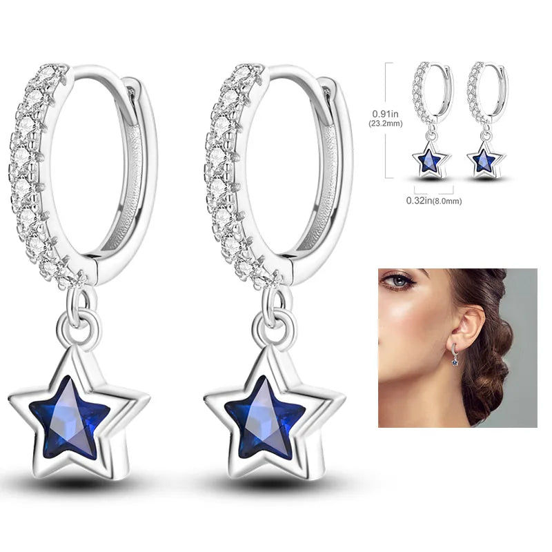 925 Silver Heart & Star Zircon Hoop Earrings