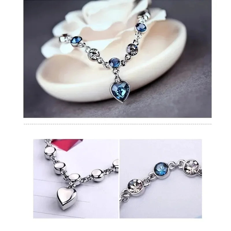 925 Silver Blue Crystal Heart Charm Bracelet for Women