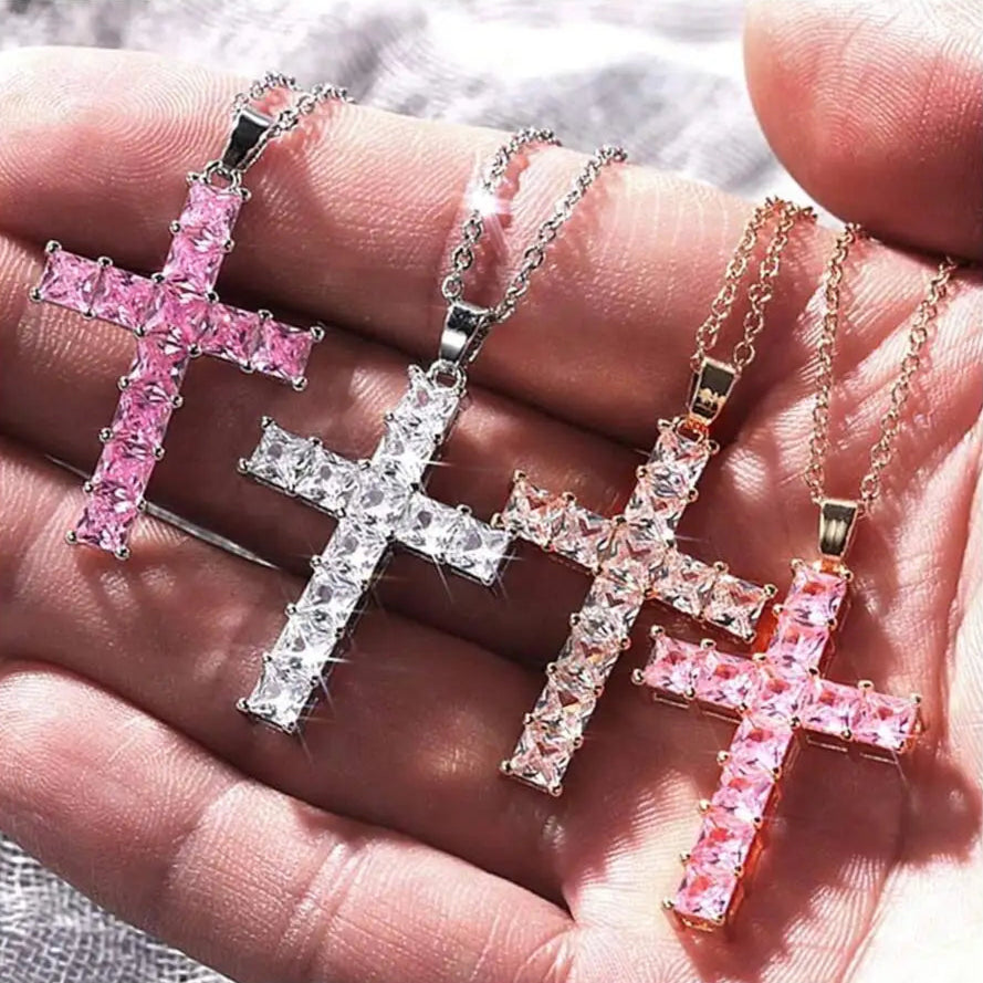 Gold Multi-Color Crystal Cross Necklace