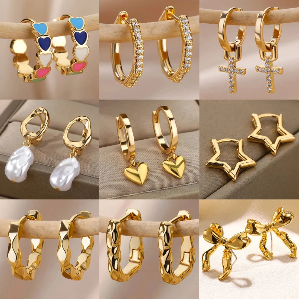 Stainless Steel Gold Heart Zircon Hoop Earrings