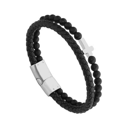 Mens Double-Row Black Braided Leather Bracelets Stainless Steel Cross Jewelry With Onyx Beads Bracelets For Dad,Sons - Blessings is Here