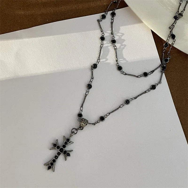 Double Layer Punk Black Rhinestone Cross Choker