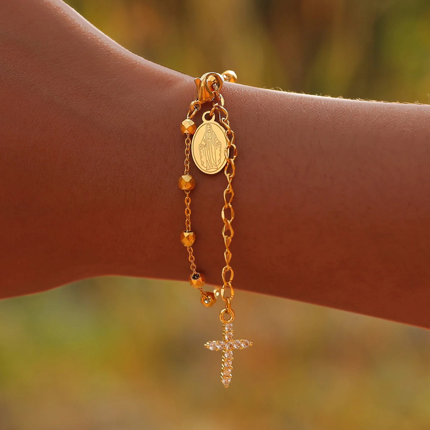 Stainless Steel Cubic Zirconia Cross Rosary Bracelet