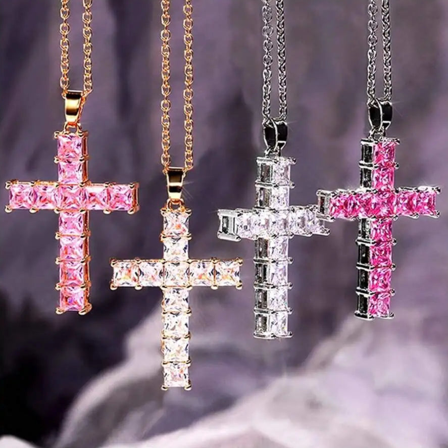 Gold Multi-Color Crystal Cross Necklace