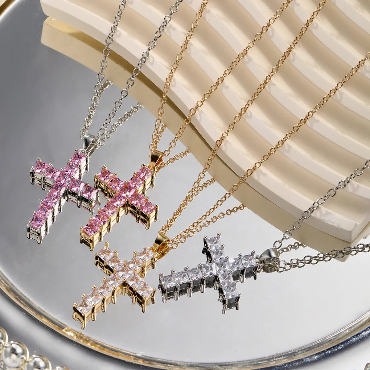 Gold Multi-Color Crystal Cross Necklace