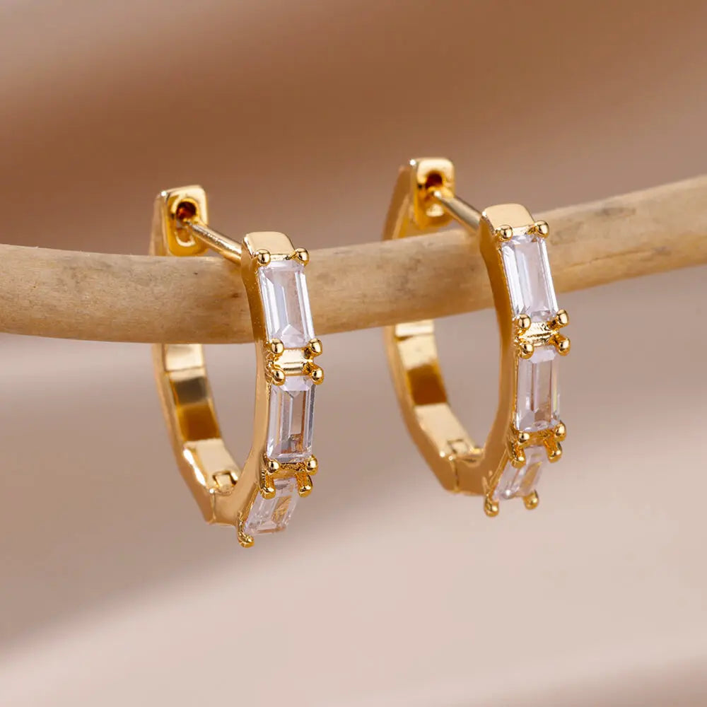 Stainless Steel Gold Heart Zircon Hoop Earrings
