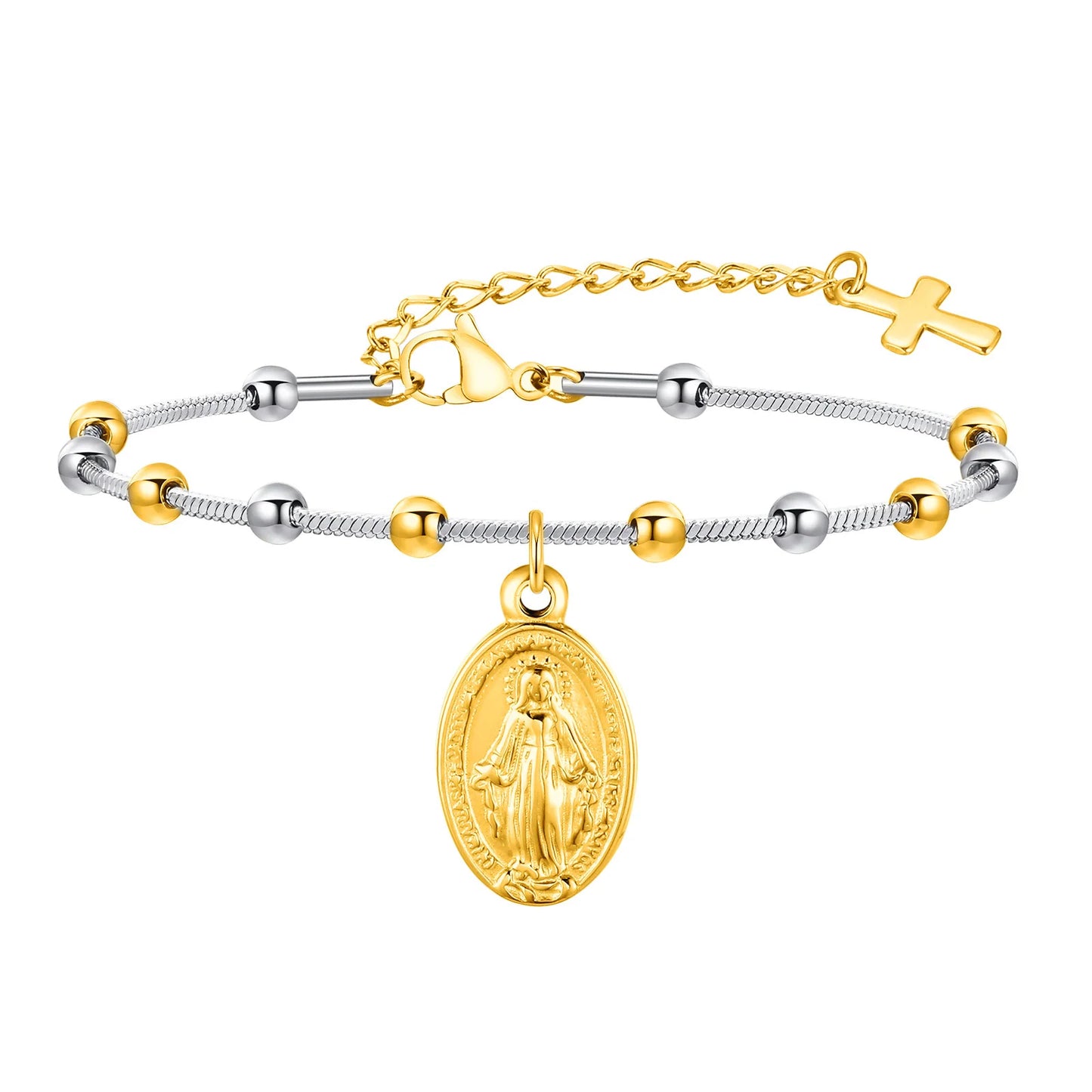 Cross & Virgin Mary Gold Rosary Bracelet
