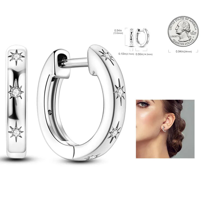925 Silver Heart & Star Zircon Hoop Earrings