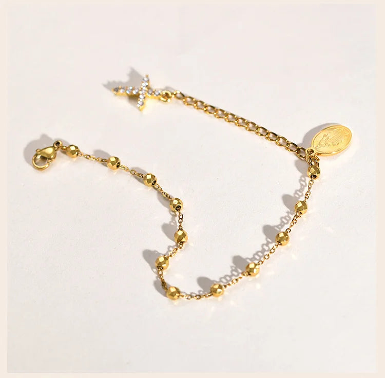 Stainless Steel Cubic Zirconia Cross Rosary Bracelet