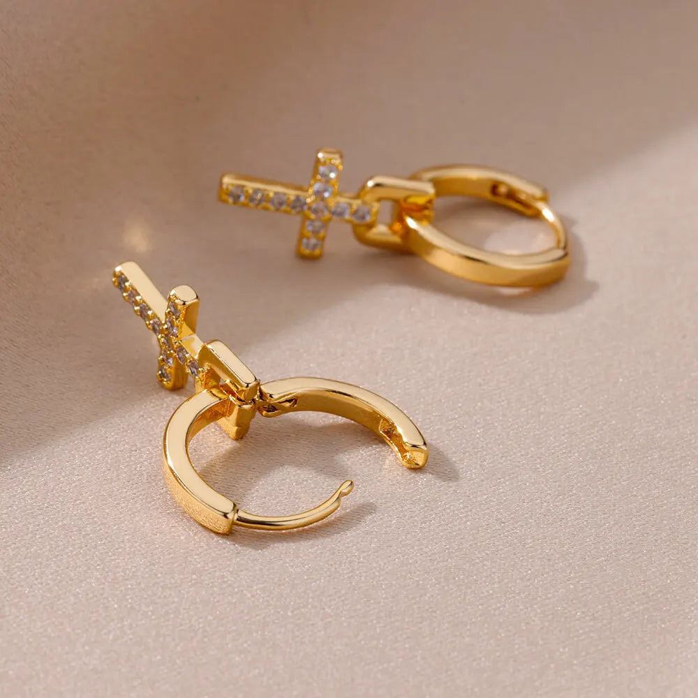Stainless Steel Zircon Cross Dangle Christian Earrings