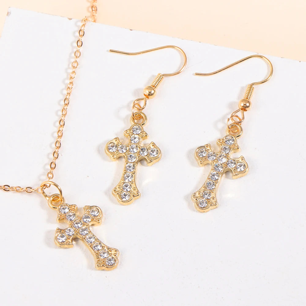 Fashion Rhinestones Cross Charms Necklace Earrings Jewelry Set Trend Personality Pearl Crucifix Jewelry For Friend Gifts - Blessings is Here
