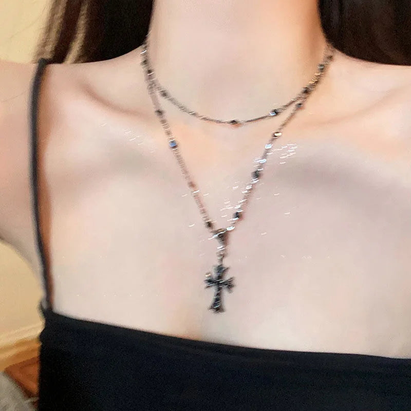 Double Layer Punk Black Rhinestone Cross Choker