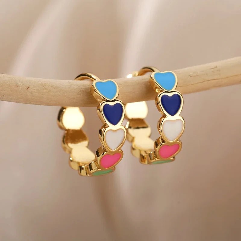Stainless Steel Gold Heart Zircon Hoop Earrings