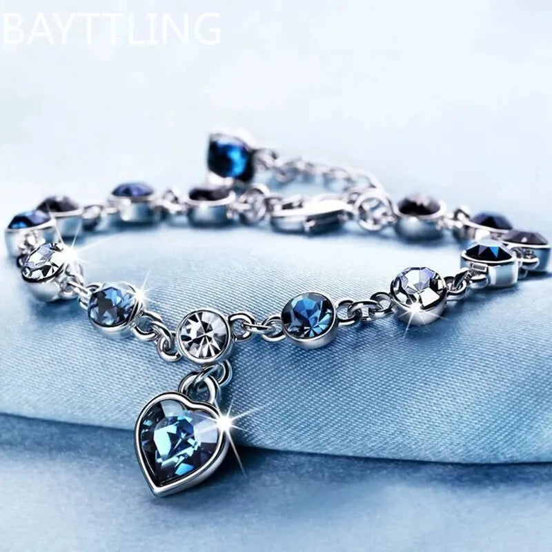 925 Silver Blue Crystal Heart Charm Bracelet for Women