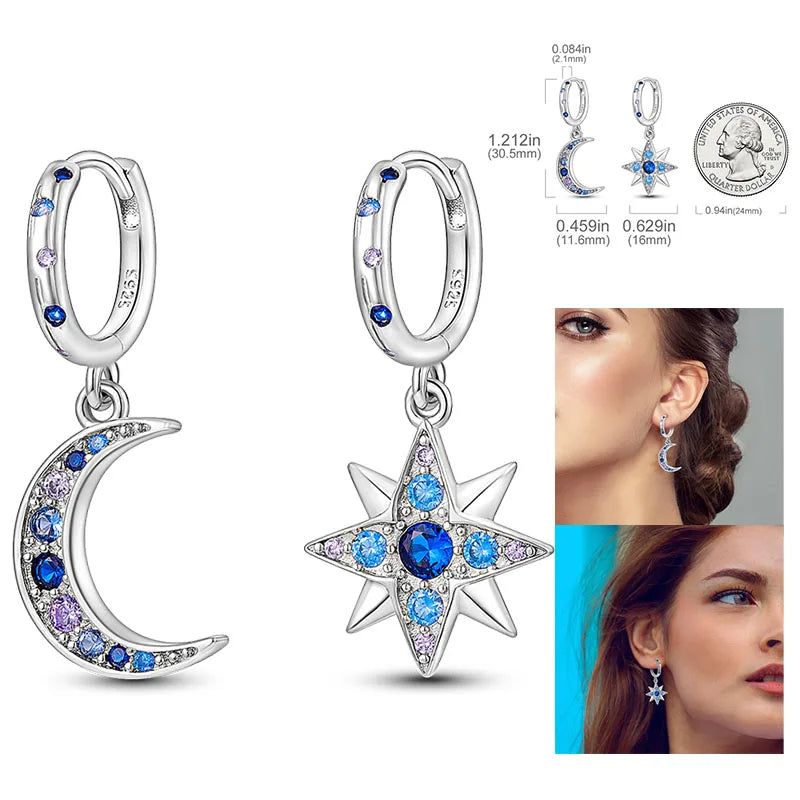 925 Silver Heart & Star Zircon Hoop Earrings