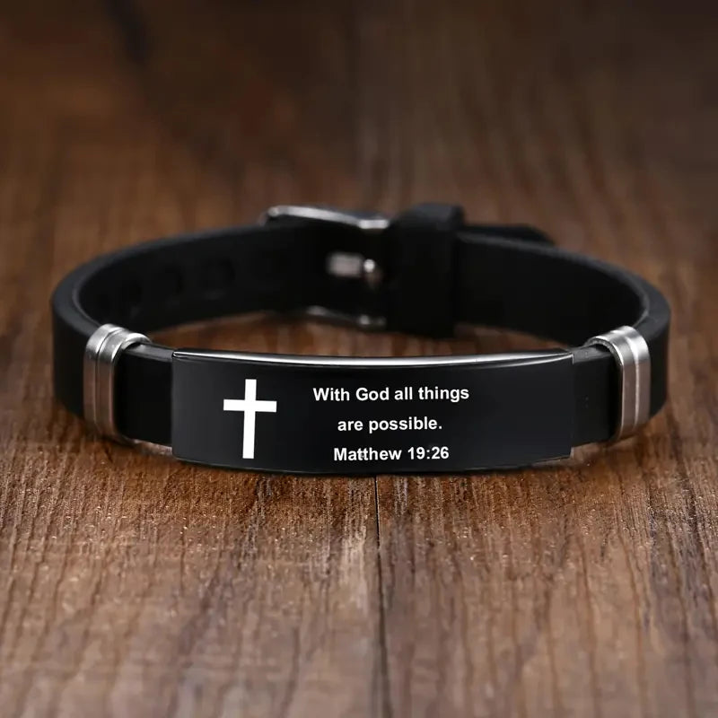 Christian Bible Verse Black Stainless Steel Cross Bracelet