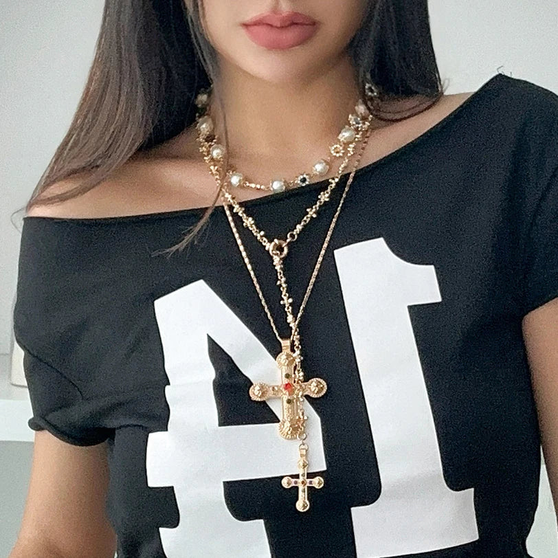 Luxury Pearl Cross Pendant Choker Necklace