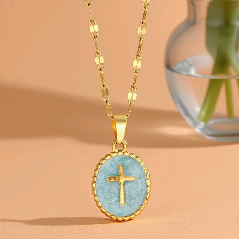 FTCY Stainless Steel Cross Pendant Necklace For Women Simple Elegant Oval Pendant Women's Jewelry Gifts For Daily Decoration - Blessings is Here