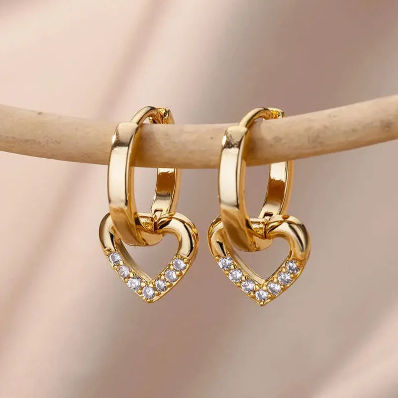 Stainless Steel Gold Heart Zircon Hoop Earrings