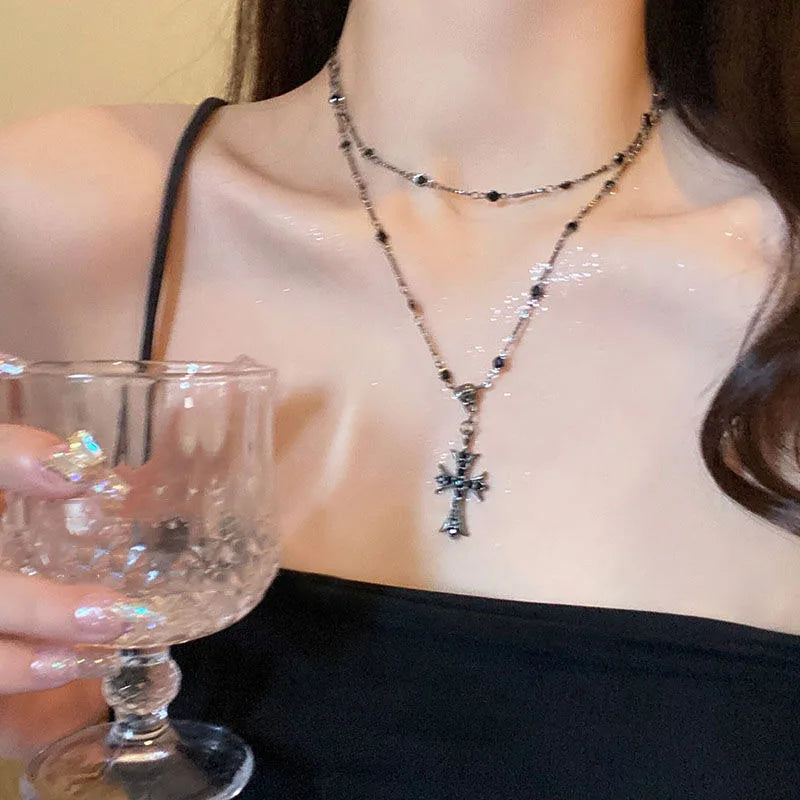 Double Layer Punk Black Rhinestone Cross Choker
