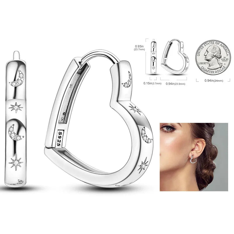 925 Silver Heart & Star Zircon Hoop Earrings
