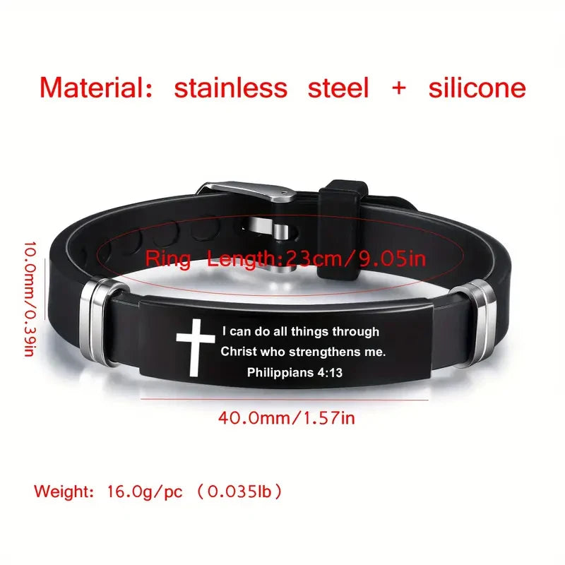 Christian Bible Verse Black Stainless Steel Cross Bracelet