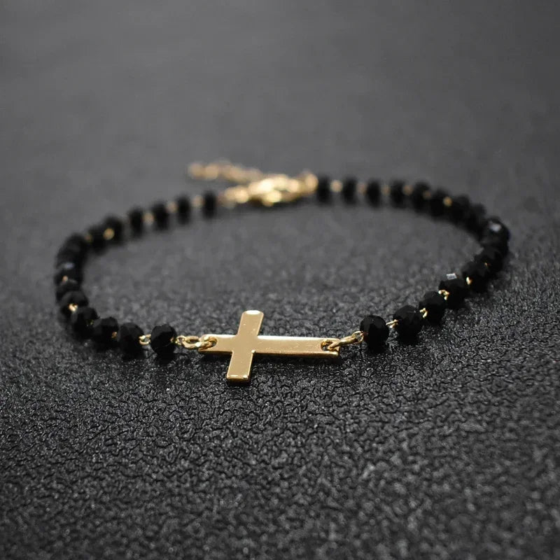 Gold Rosary Sideways Cross Bracelet with Black Beads