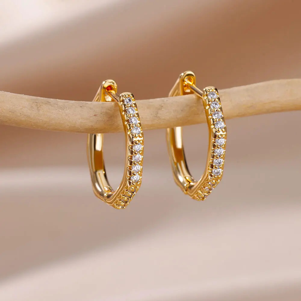 Stainless Steel Gold Heart Zircon Hoop Earrings