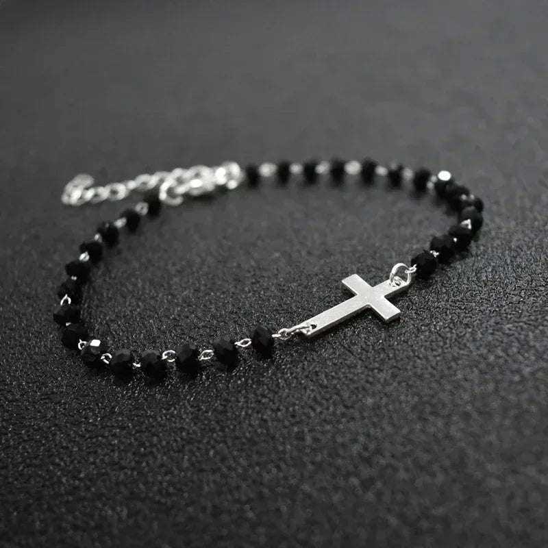 Gold Rosary Sideways Cross Bracelet with Black Beads
