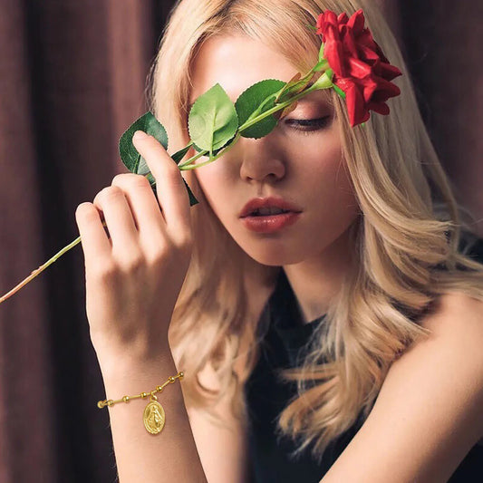 Gold Stone Bracelet with Cross and Virgin Mary