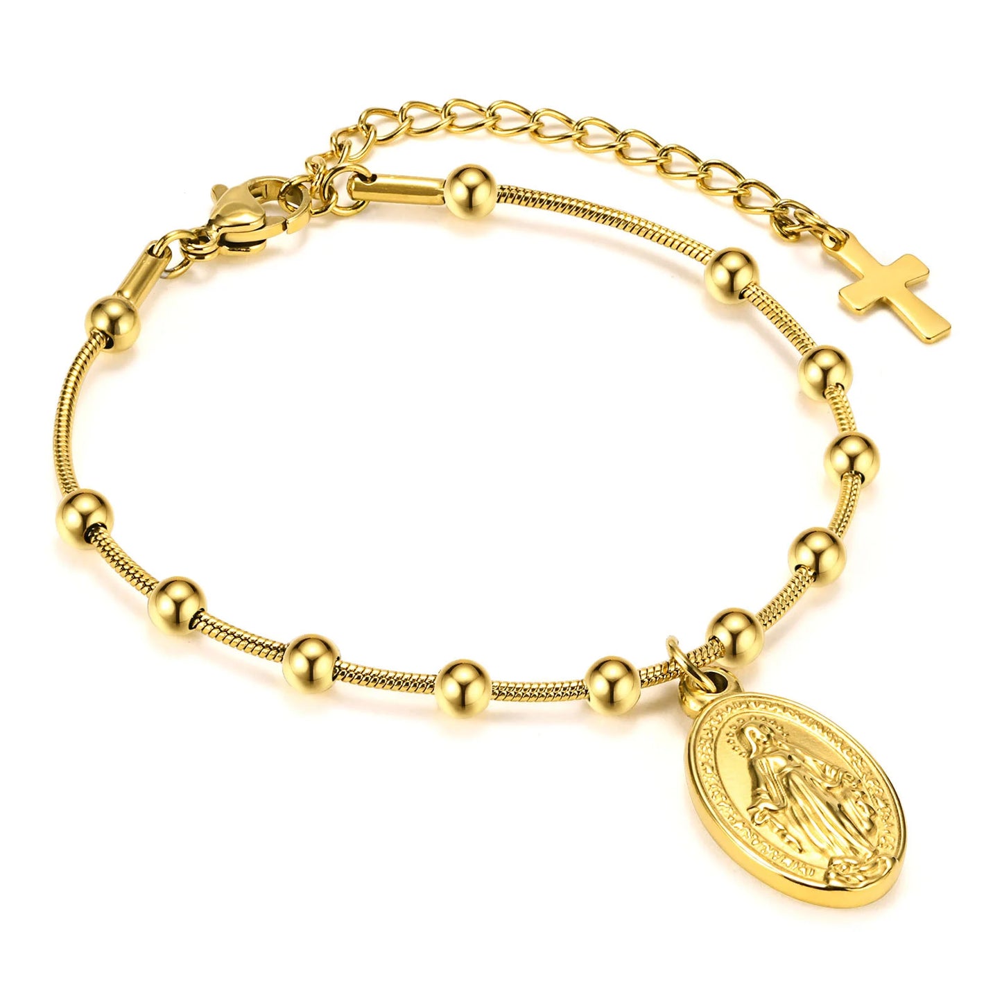 Cross & Virgin Mary Gold Rosary Bracelet