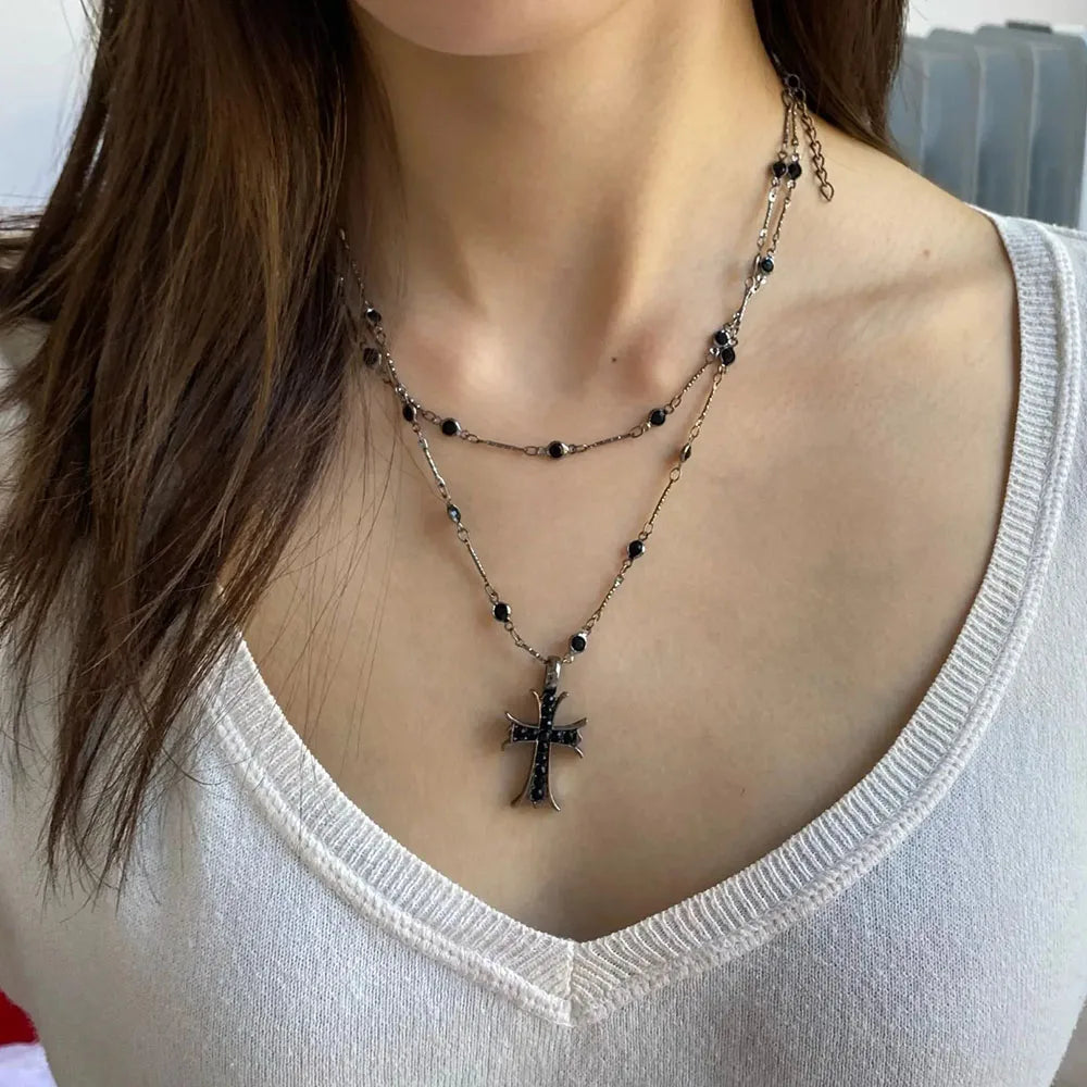 Double Layer Punk Black Rhinestone Cross Choker